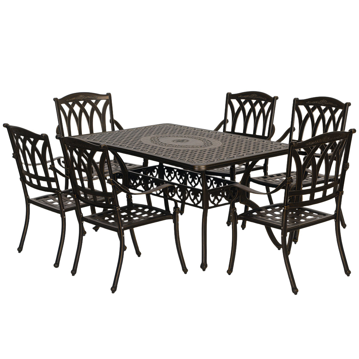 7 Pieces Cast Aluminium Garden Dining Set, 6 Seater Garden Table and Chairs with Parasol Hole, Outdoor Garden Furniture Set with Cushions for Patio, Bronze Tone