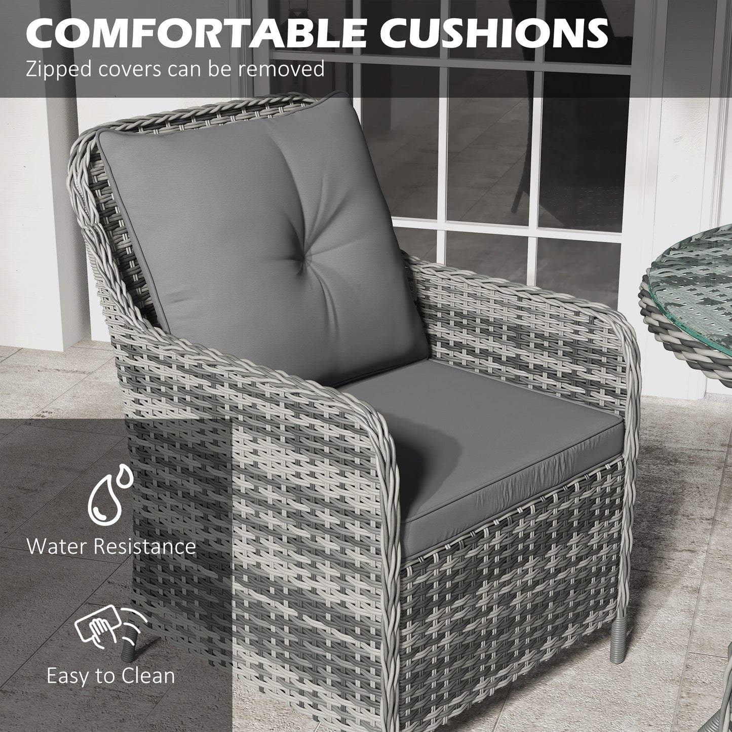 4 Seater Rattan Dining Set with Parasol, Luxury Rattan Garden Furniture Set with Seat and Back Cushions, Outdoor Table and Chairs, Round Glass Top Table, Mixed Grey