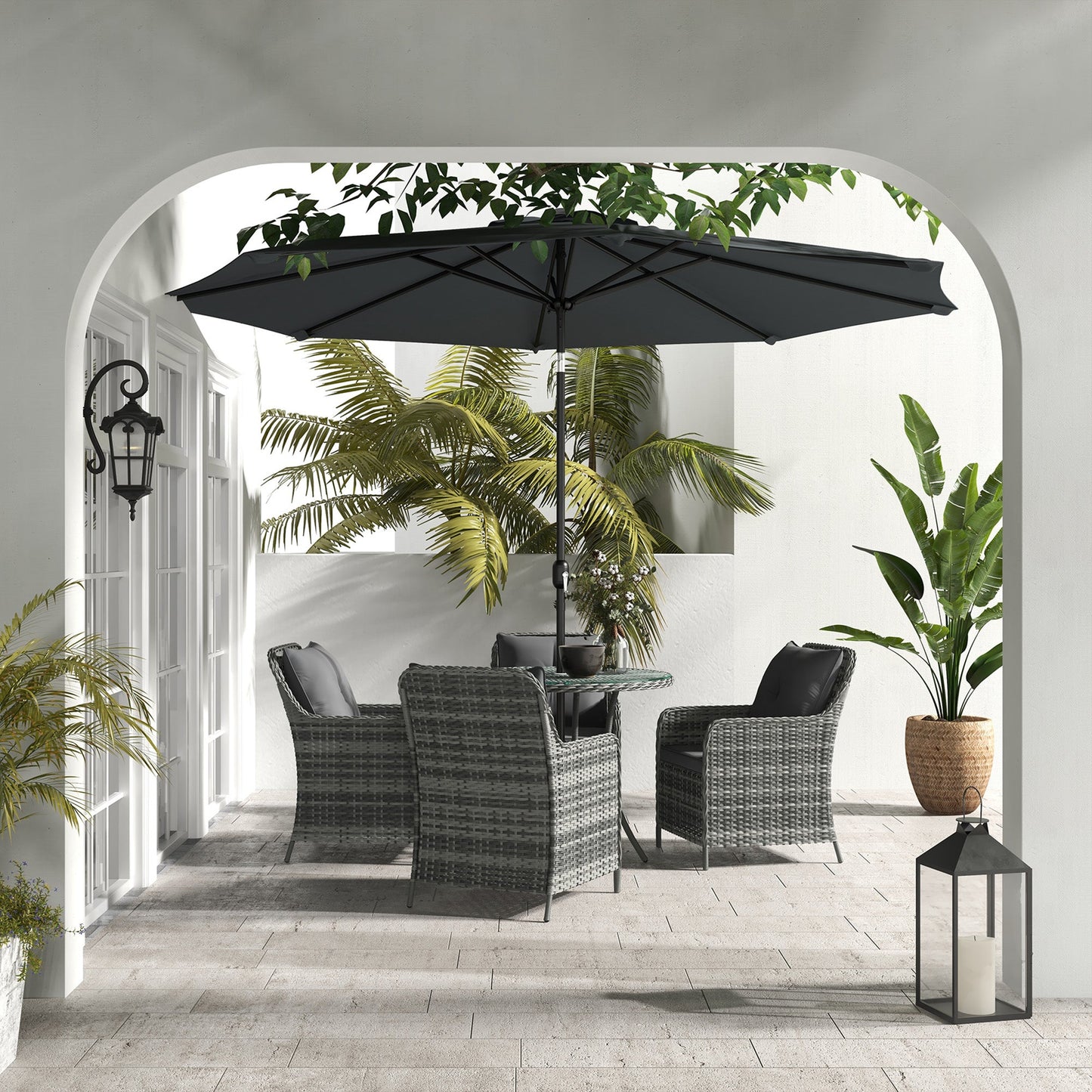 4 Seater Rattan Dining Set with Parasol, Luxury Rattan Garden Furniture Set with Seat and Back Cushions, Outdoor Table and Chairs, Round Glass Top Table, Mixed Grey