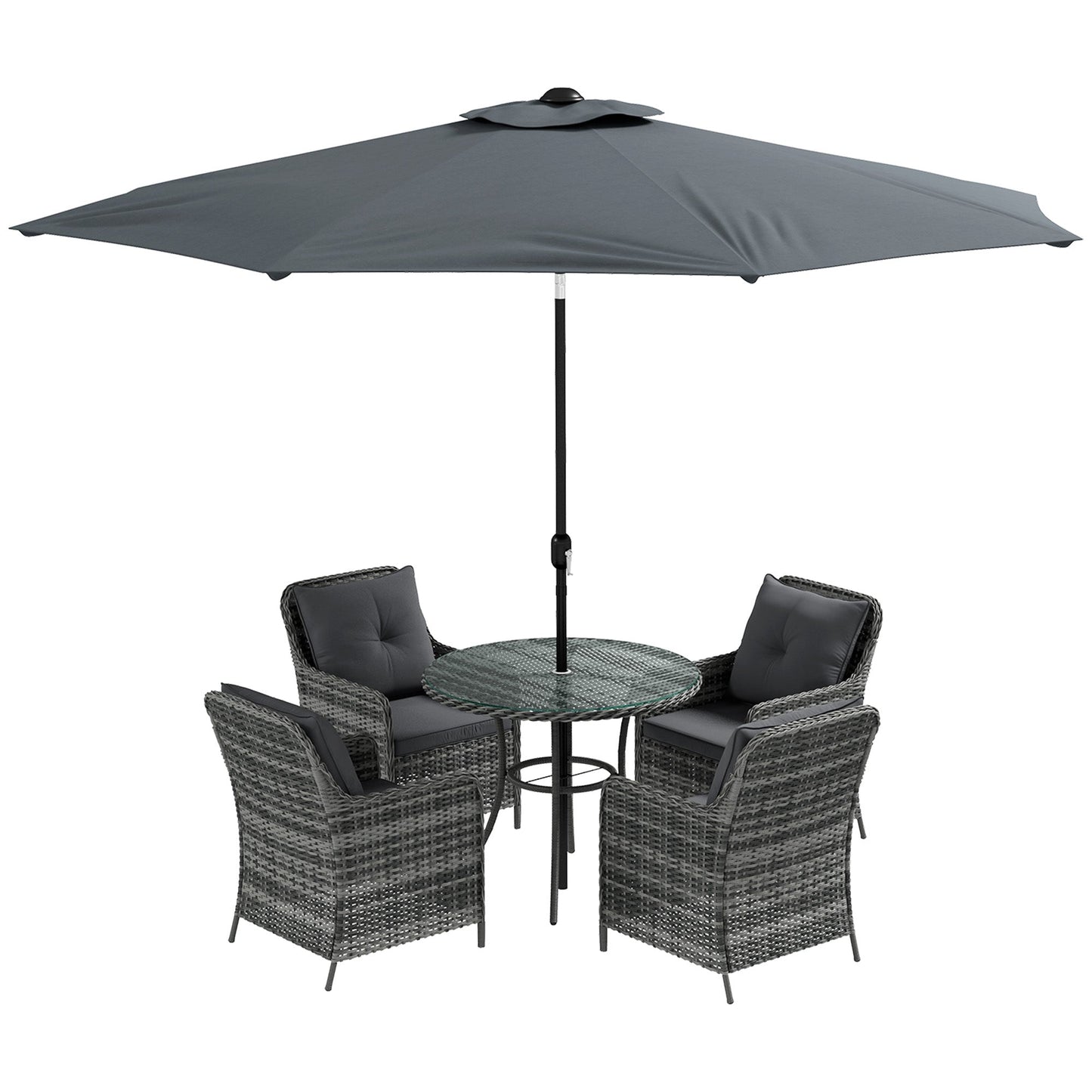 4 Seater Rattan Dining Set with Parasol, Luxury Rattan Garden Furniture Set with Seat and Back Cushions, Outdoor Table and Chairs, Round Glass Top Table, Mixed Grey