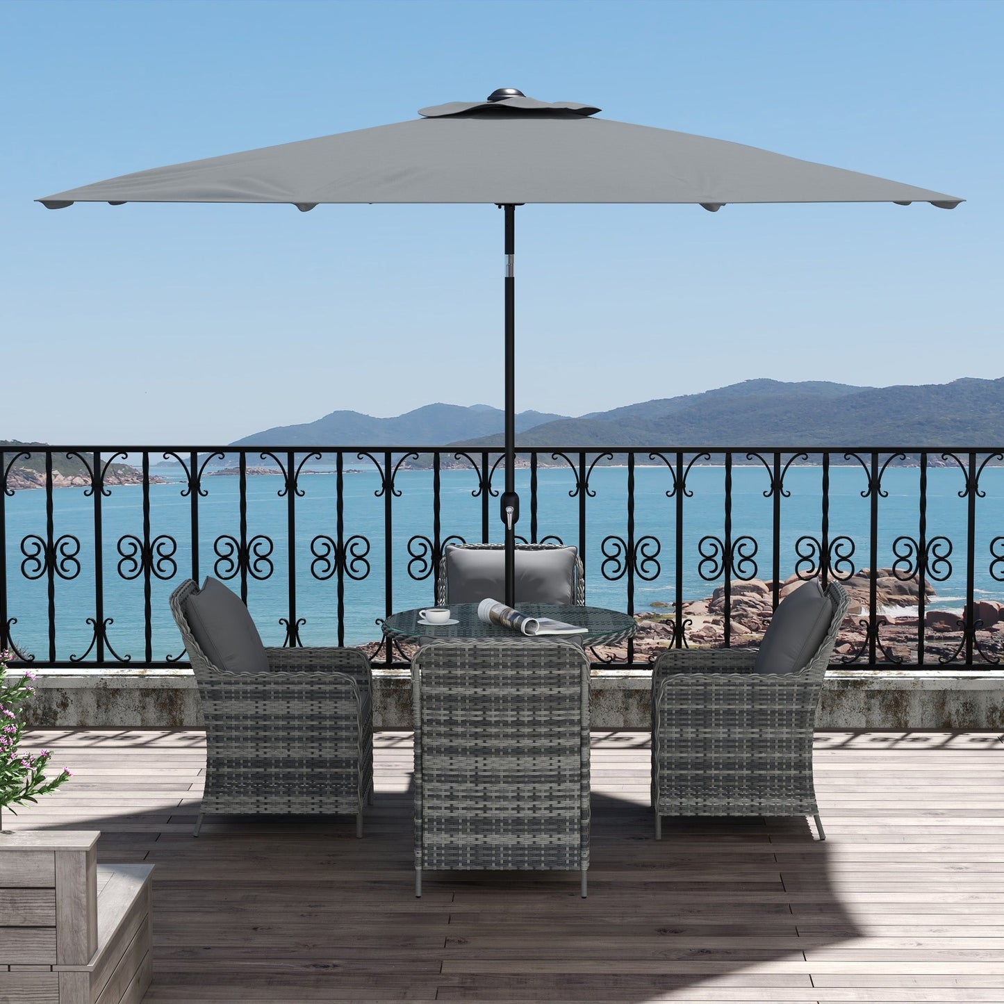 4 Seater Rattan Dining Set with Parasol, Luxury Rattan Garden Furniture Set with Seat and Back Cushions, Outdoor Table and Chairs, Round Glass Top Table, Mixed Grey