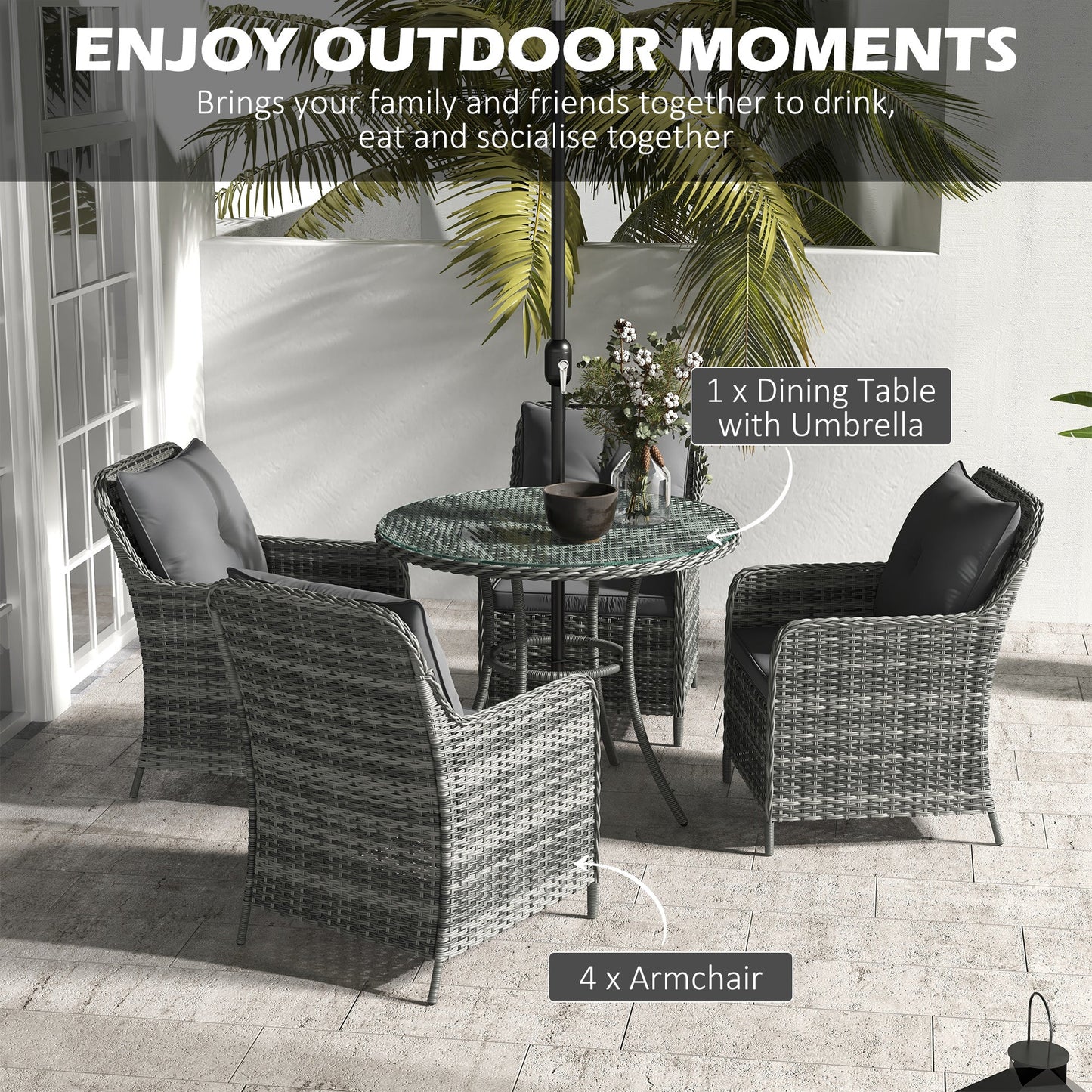 4 Seater Rattan Dining Set with Parasol, Luxury Rattan Garden Furniture Set with Seat and Back Cushions, Outdoor Table and Chairs, Round Glass Top Table, Mixed Grey