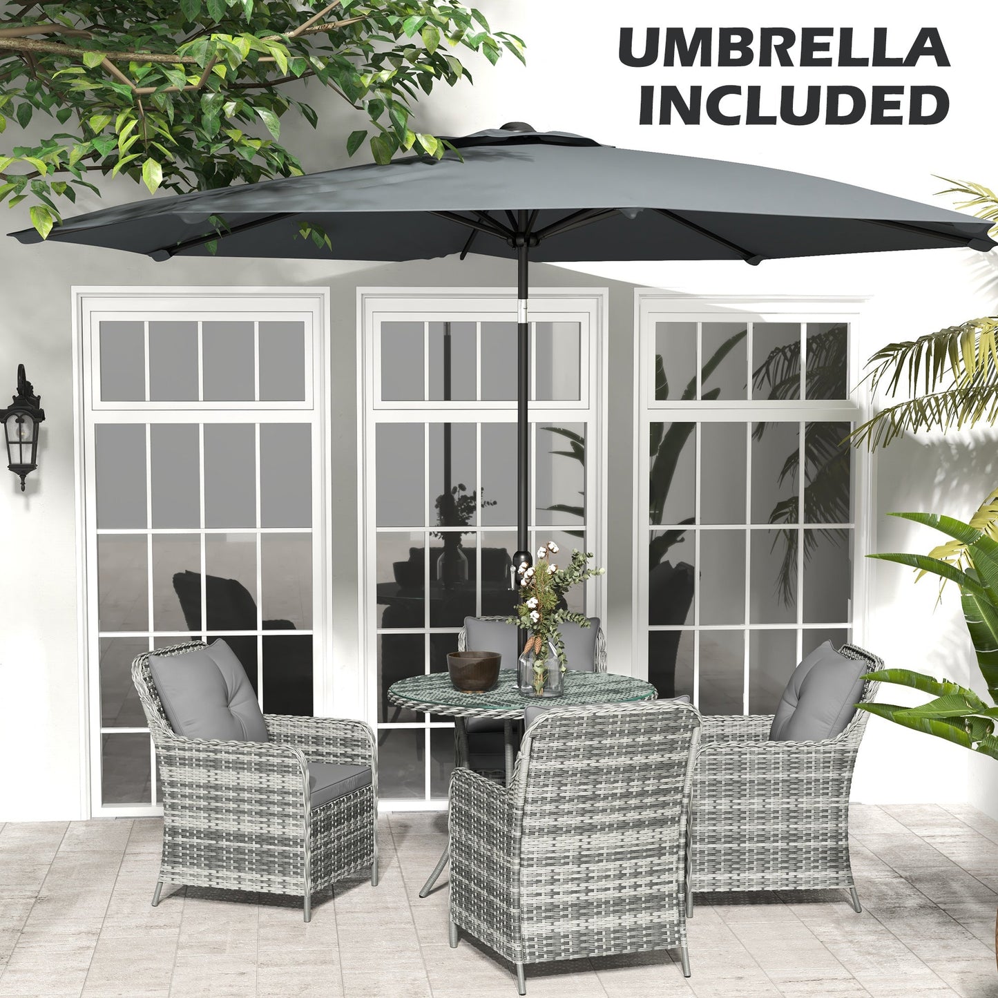 4 Seater Rattan Dining Set with Parasol, Luxury Rattan Garden Furniture Set with Seat and Back Cushions, Outdoor Table and Chairs, Round Glass Top Table, Mixed Grey