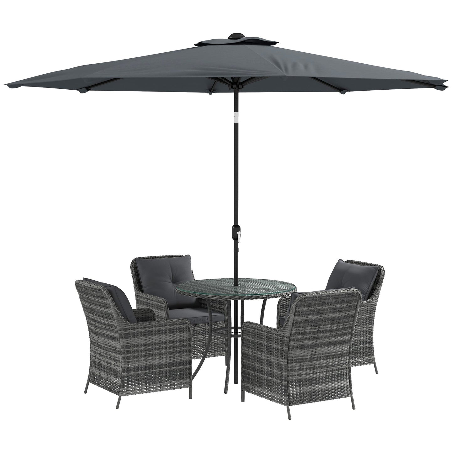 4 Seater Rattan Dining Set with Parasol, Luxury Rattan Garden Furniture Set with Seat and Back Cushions, Outdoor Table and Chairs, Round Glass Top Table, Mixed Grey