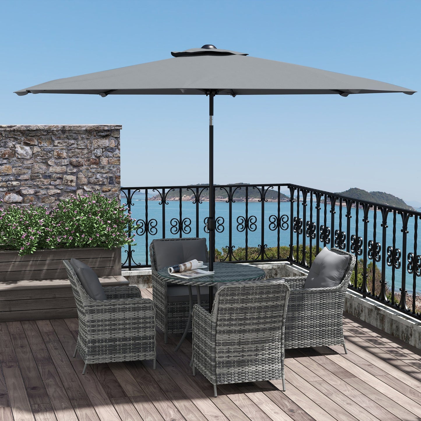 4 Seater Rattan Dining Set with Parasol, Luxury Rattan Garden Furniture Set with Seat and Back Cushions, Outdoor Table and Chairs, Round Glass Top Table, Mixed Grey