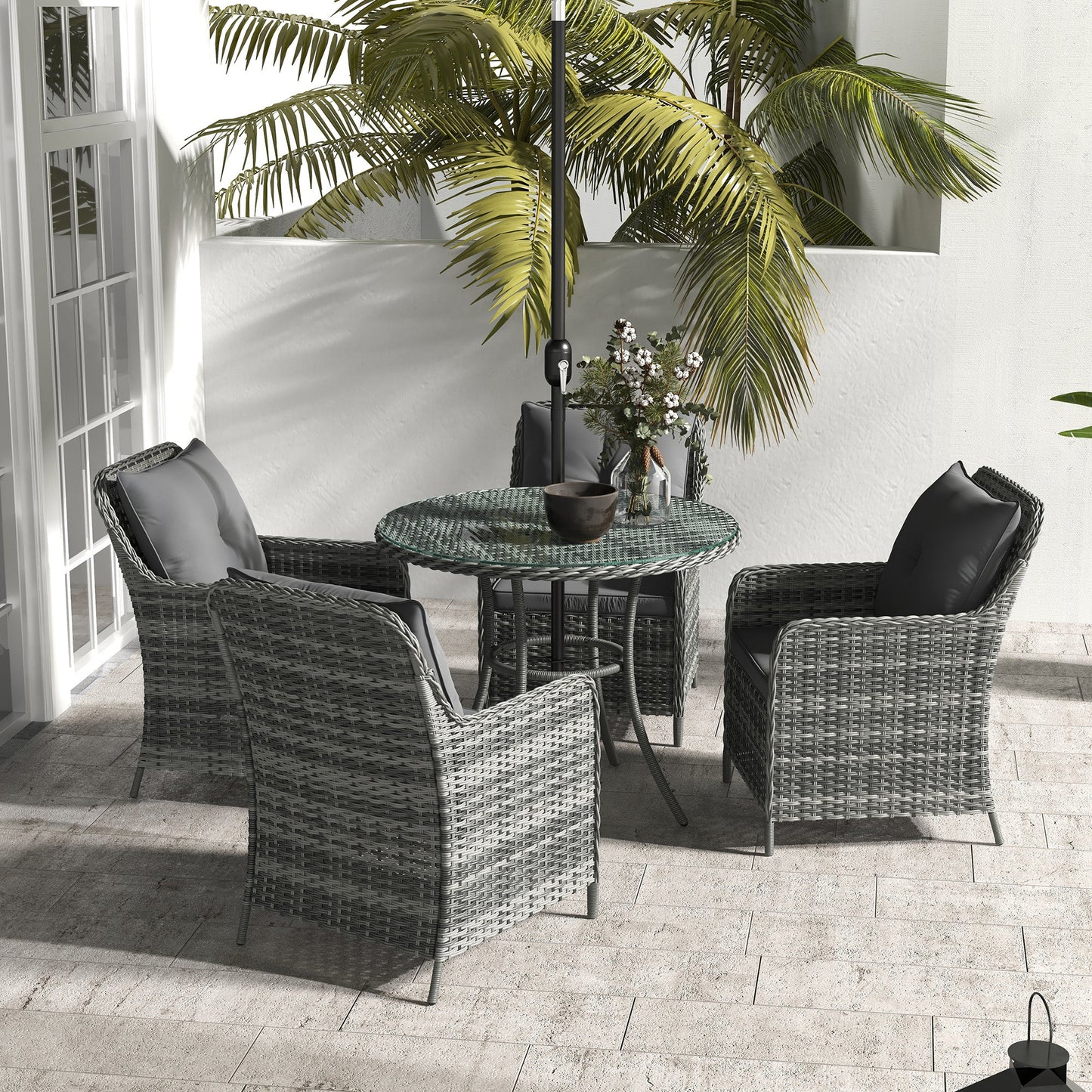 4 Seater Rattan Dining Set with Parasol, Luxury Rattan Garden Furniture Set with Seat and Back Cushions, Outdoor Table and Chairs, Round Glass Top Table, Mixed Grey