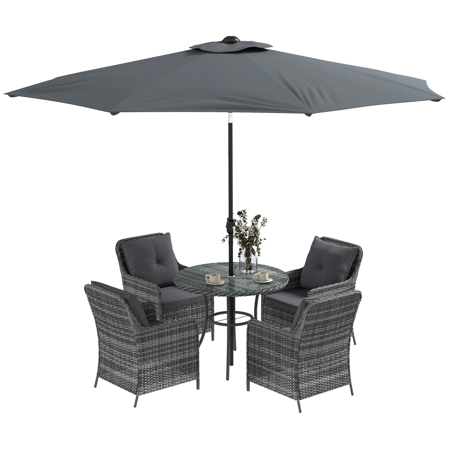 4 Seater Rattan Dining Set with Parasol, Luxury Rattan Garden Furniture Set with Seat and Back Cushions, Outdoor Table and Chairs, Round Glass Top Table, Mixed Grey