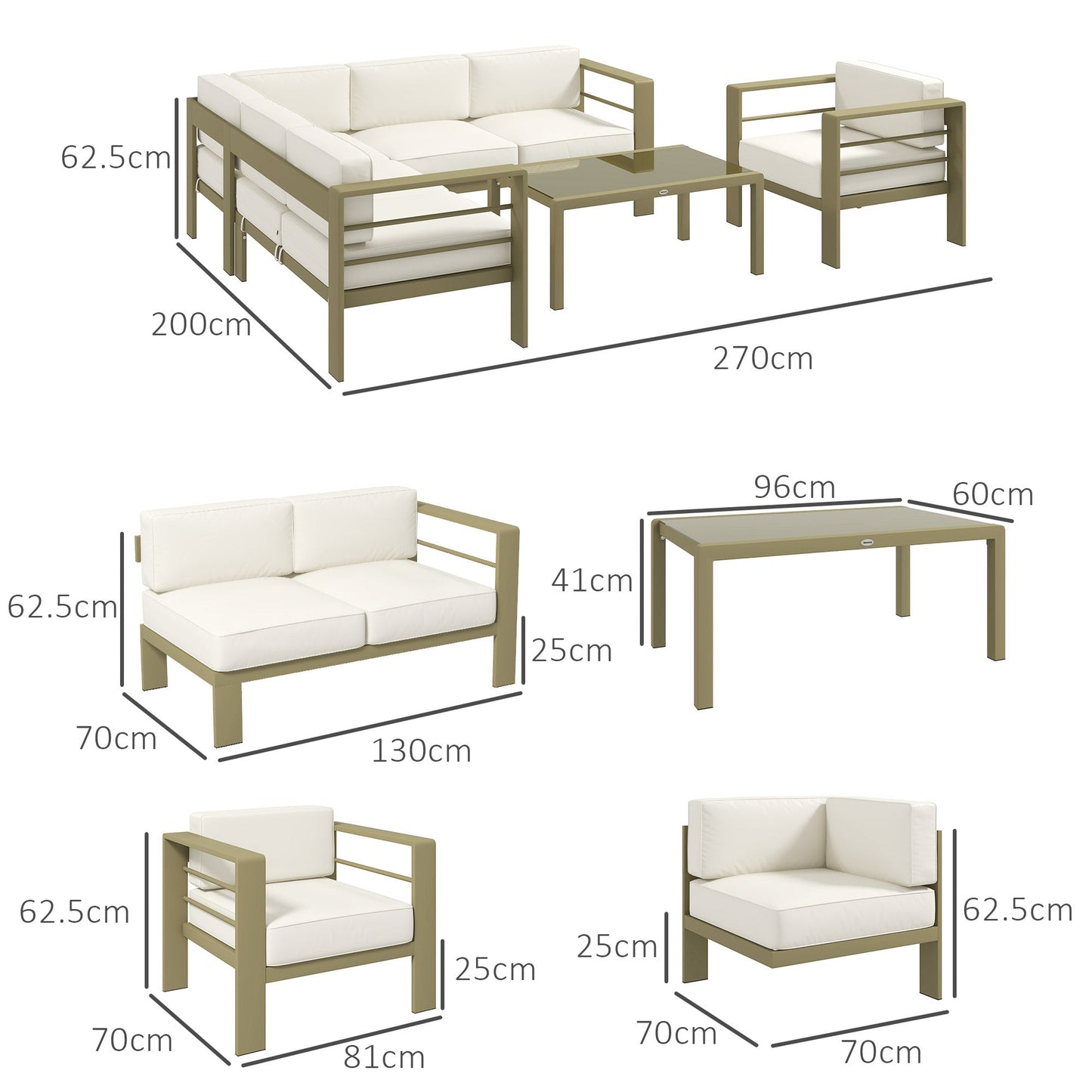 5-Piece Garden Sofa Set with Cushions, 6 Seater Aluminium Garden Furniture Set with Glass Top Coffee Table, Patio Sectional Conservatory Furniture for Patio & Terrace, Gold Tone