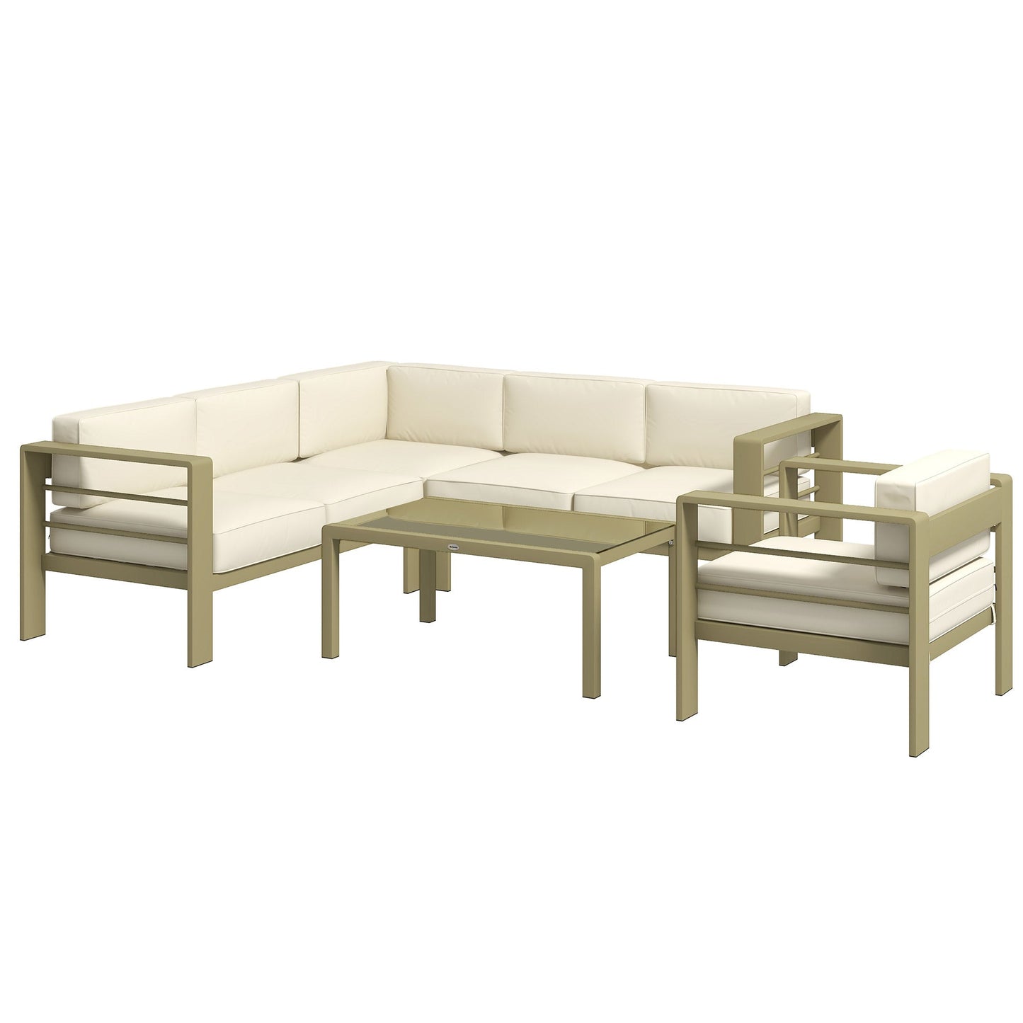 5-Piece Garden Sofa Set with Cushions, 6 Seater Aluminium Garden Furniture Set with Glass Top Coffee Table, Patio Sectional Conservatory Furniture for Patio & Terrace, Gold Tone