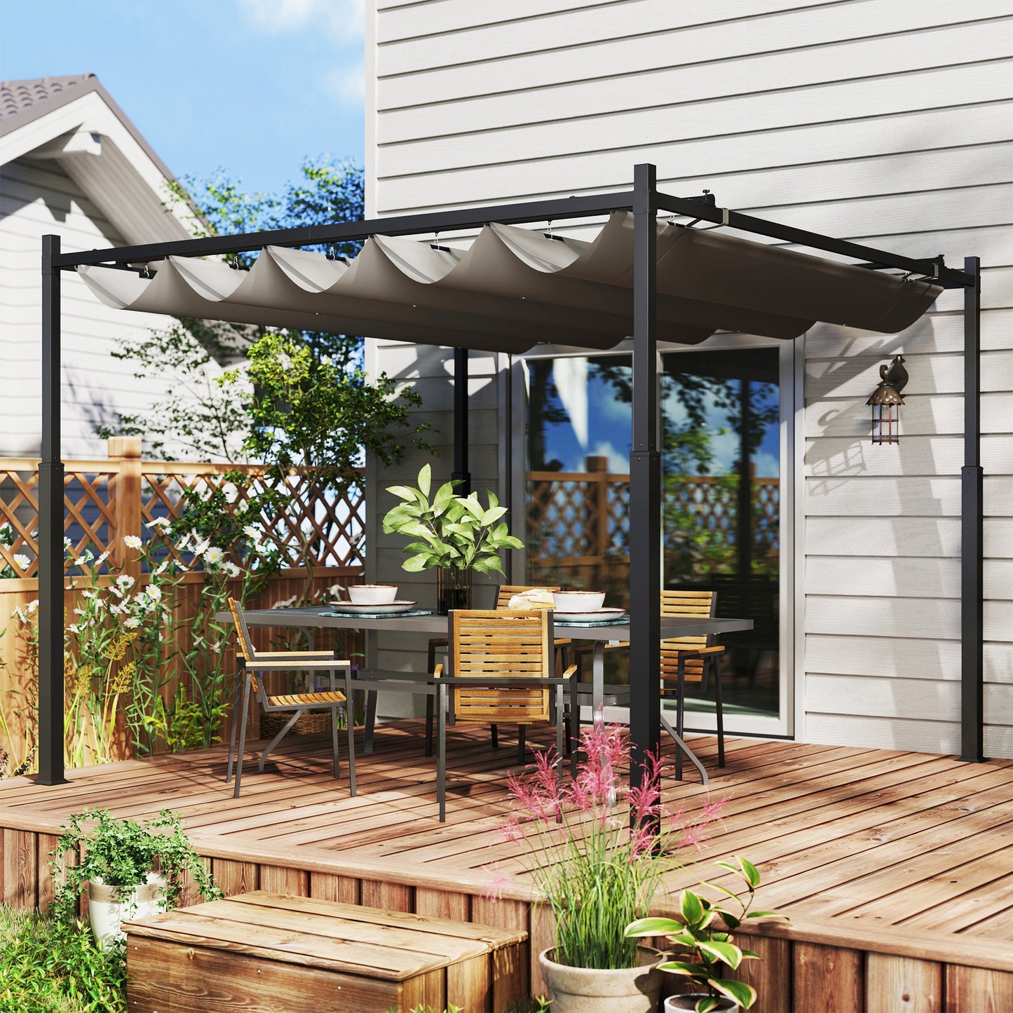3 x 3(m) Metal Pergola with Retractable Roof and Magnetic Fixture, Outdoor Gazebo Garden Pergola Kit Sun Shade Canopy, UPF30+, 80mm Metal Column, Grey