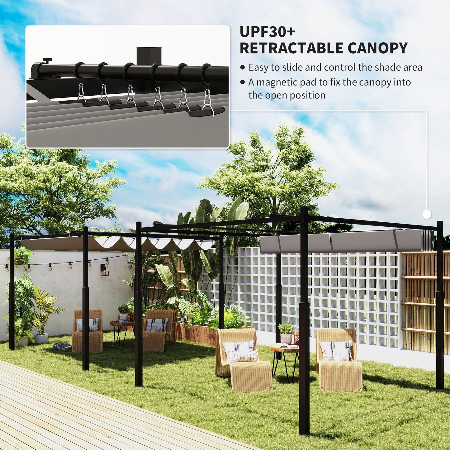 3 x 3(m) Metal Pergola with Retractable Roof and Magnetic Fixture, Outdoor Gazebo Garden Pergola Kit Sun Shade Canopy, UPF30+, 80mm Metal Column, Grey