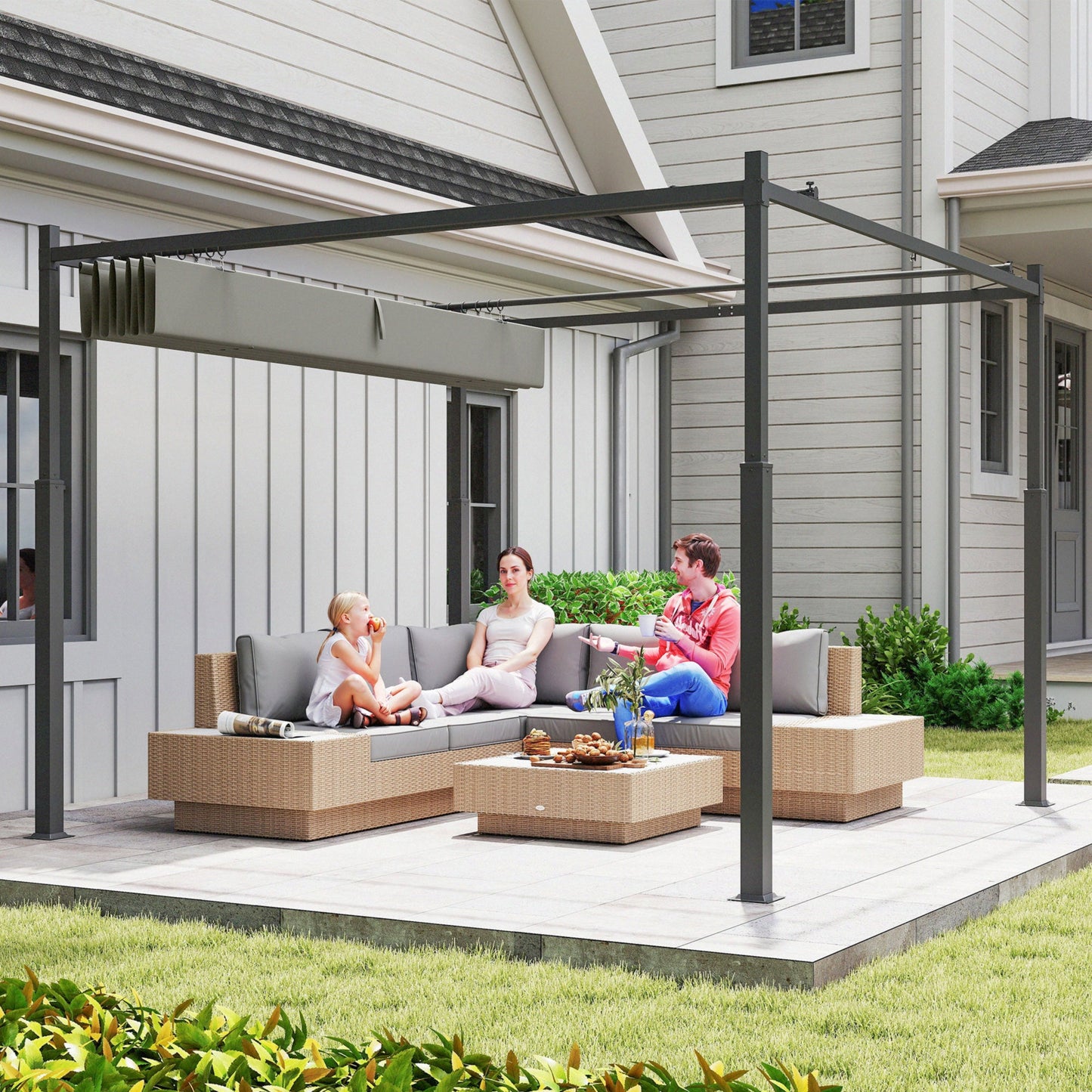3 x 3(m) Metal Pergola with Retractable Roof and Magnetic Fixture, Outdoor Gazebo Garden Pergola Kit Sun Shade Canopy, UPF30+, 80mm Metal Column, Grey