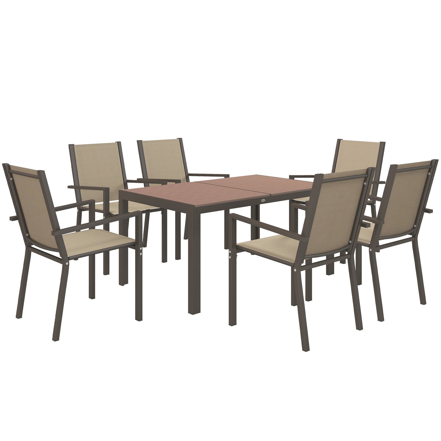 Garden Dining Set for 6, Garden Table and Stackable Chairs, 6 Seater Garden Furniture with Rectangular WPC Top Dining Table and Texteline Fabric for Outdoor, Patio, Khaki