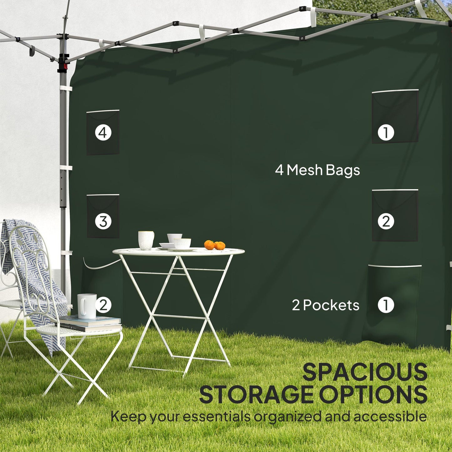Gazebo Side Panel, Canopy Sidewall Panel with 4 Mesh Bags and 2 Storage Pockets for 3 x 3 m Straight Leg Pop Up Gazebos, 1 Pack Sidewall Only, Green