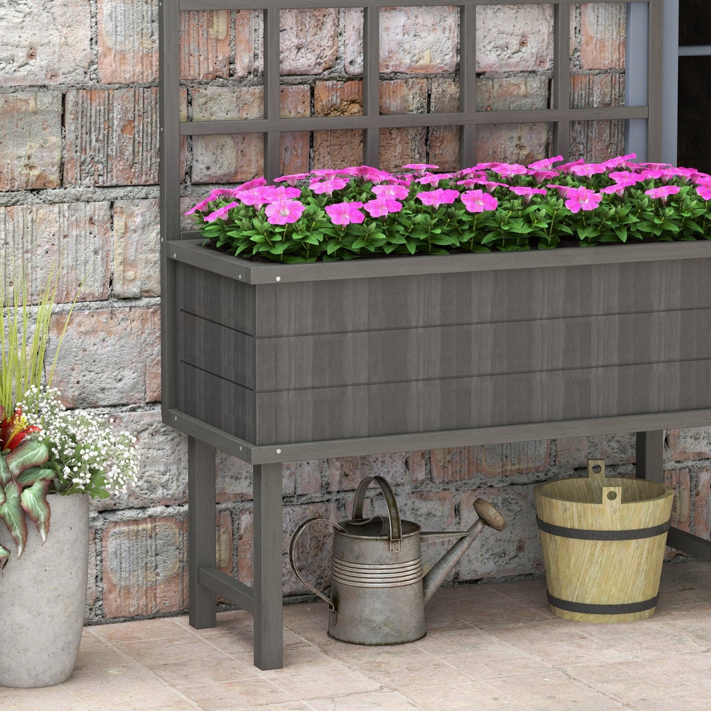 Wooden Raised Planter with Trellis for Vine Climbing Plants, Elevated Garden Bed with Drainage Holes and Bed Liner for Vegetables, Flowers, Herbs, 105 x 45 x 140cm, Grey
