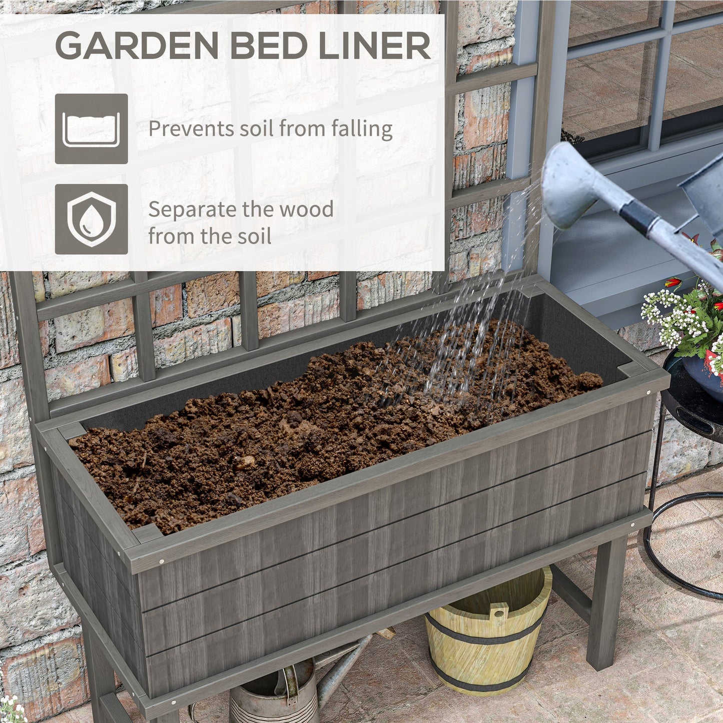 Wooden Raised Planter with Trellis for Vine Climbing Plants, Elevated Garden Bed with Drainage Holes and Bed Liner for Vegetables, Flowers, Herbs, 105 x 45 x 140cm, Grey