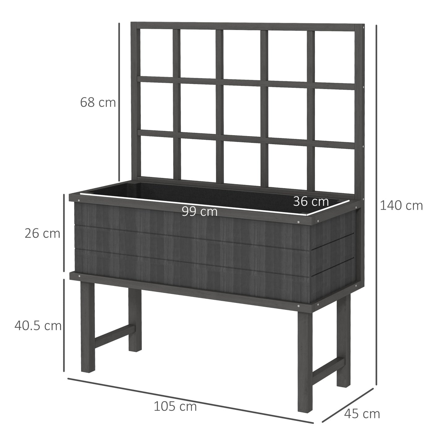 Wooden Raised Planter with Trellis for Vine Climbing Plants, Elevated Garden Bed with Drainage Holes and Bed Liner for Vegetables, Flowers, Herbs, 105 x 45 x 140cm, Grey