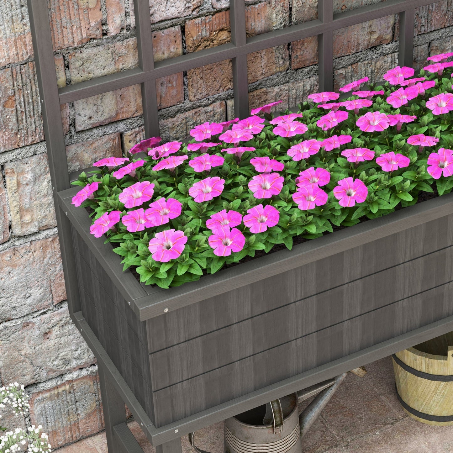 Wooden Raised Planter with Trellis for Vine Climbing Plants, Elevated Garden Bed with Drainage Holes and Bed Liner for Vegetables, Flowers, Herbs, 105 x 45 x 140cm, Grey