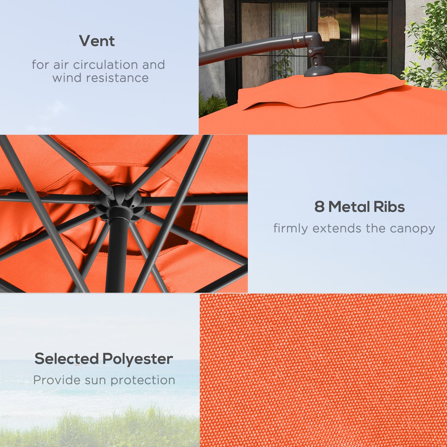 3(m) Garden Banana Parasol Cantilever Umbrella with Crank Handle, Cross Base, Weights and Cover for Outdoor, Hanging Sun Shade, Orange