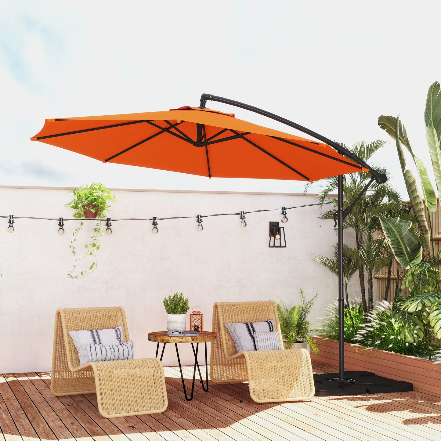 3(m) Garden Banana Parasol Cantilever Umbrella with Crank Handle, Cross Base, Weights and Cover for Outdoor, Hanging Sun Shade, Orange
