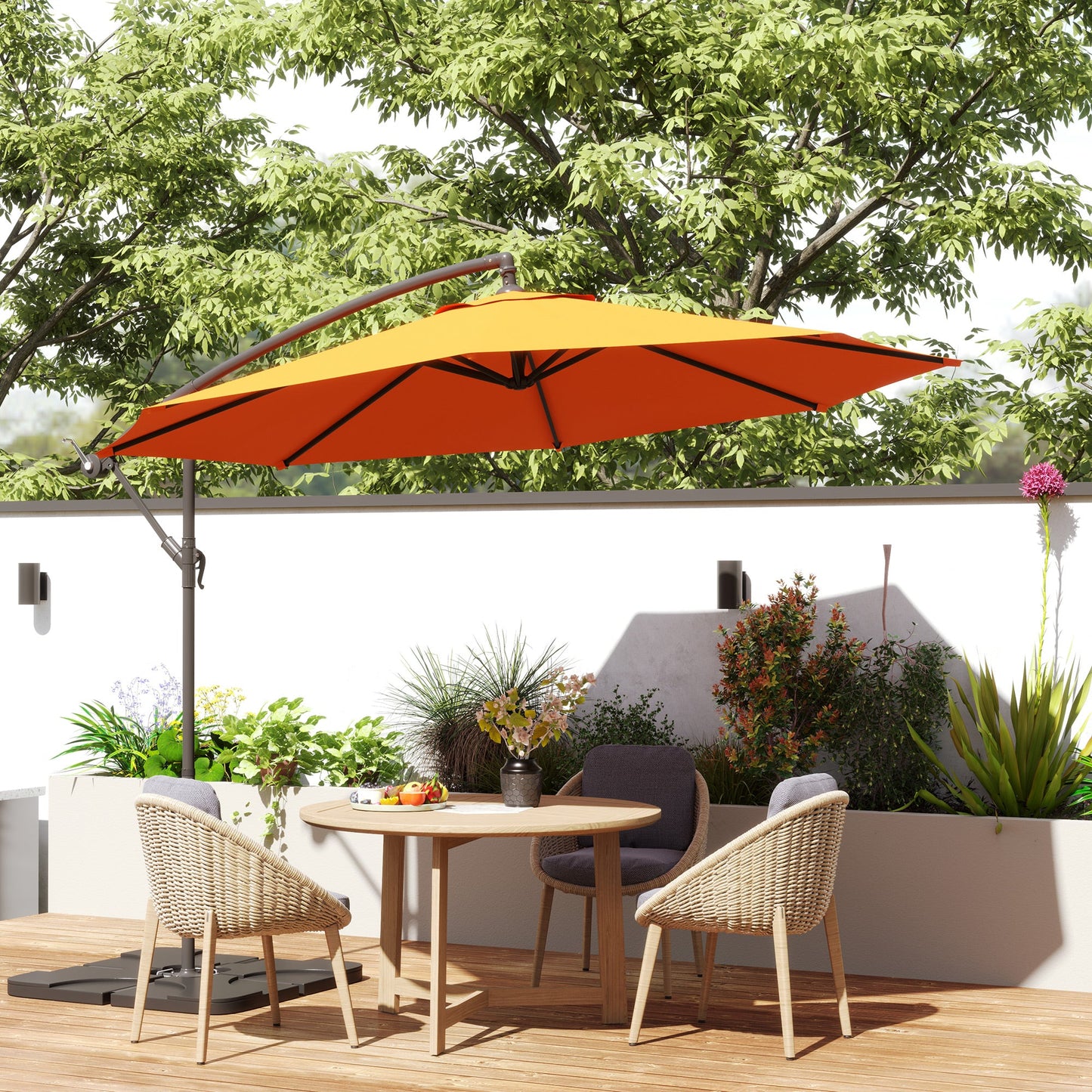 3(m) Garden Banana Parasol Cantilever Umbrella with Crank Handle, Cross Base, Weights and Cover for Outdoor, Hanging Sun Shade, Orange