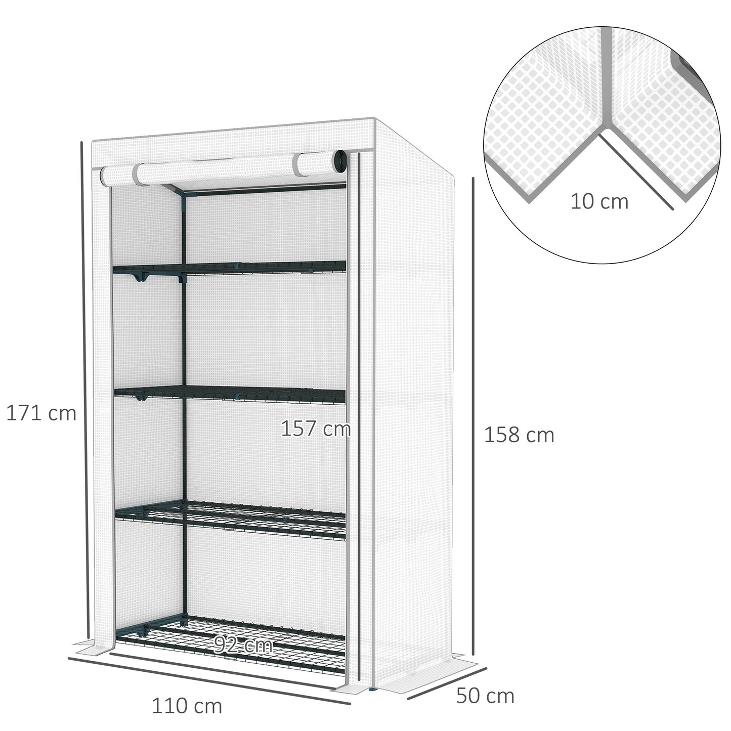 4 Tier Lean-to Mini Greenhouse with Reinforced PE Cover, Portable Small Greenhouse with Roll-Up Door, Grey Hemmed Edging, 110 x 50 x 171cm, Grey