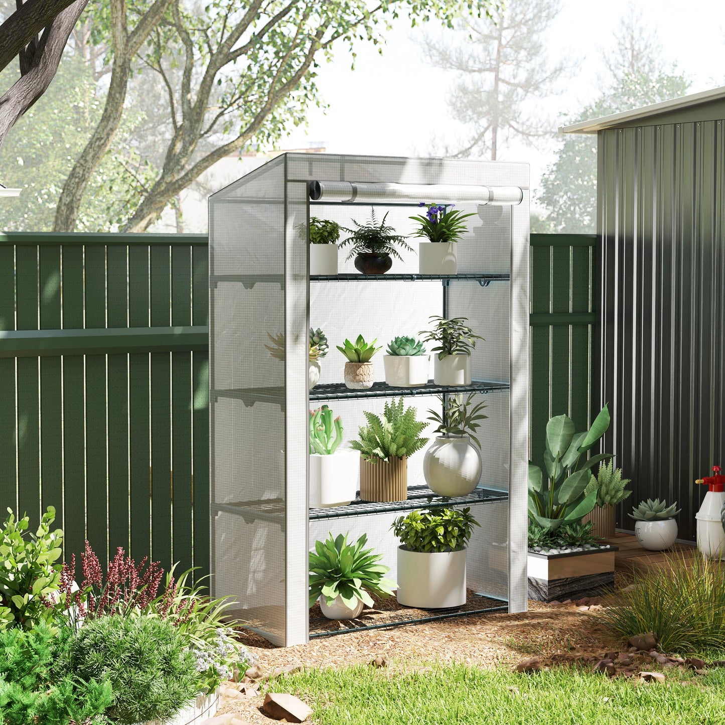 4 Tier Lean-to Mini Greenhouse with Reinforced PE Cover, Portable Small Greenhouse with Roll-Up Door, Grey Hemmed Edging, 110 x 50 x 171cm, Grey