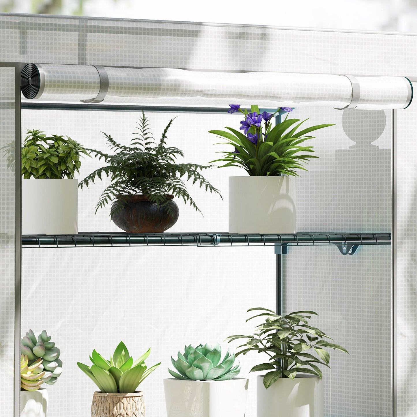 4 Tier Lean-to Mini Greenhouse with Reinforced PE Cover, Portable Small Greenhouse with Roll-Up Door, Grey Hemmed Edging, 110 x 50 x 171cm, Grey