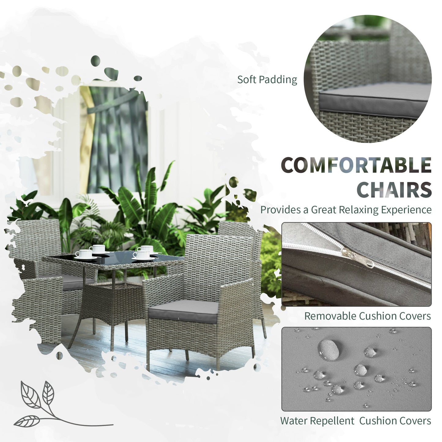 4 Seater Rattan Dining Set with Cushions, 5 Pieces Garden Dining Set with Glass Tabletop, PE Rattan Garden Furniture Set with Dining Table and Armchairs for Patio, Balcony, Light Grey