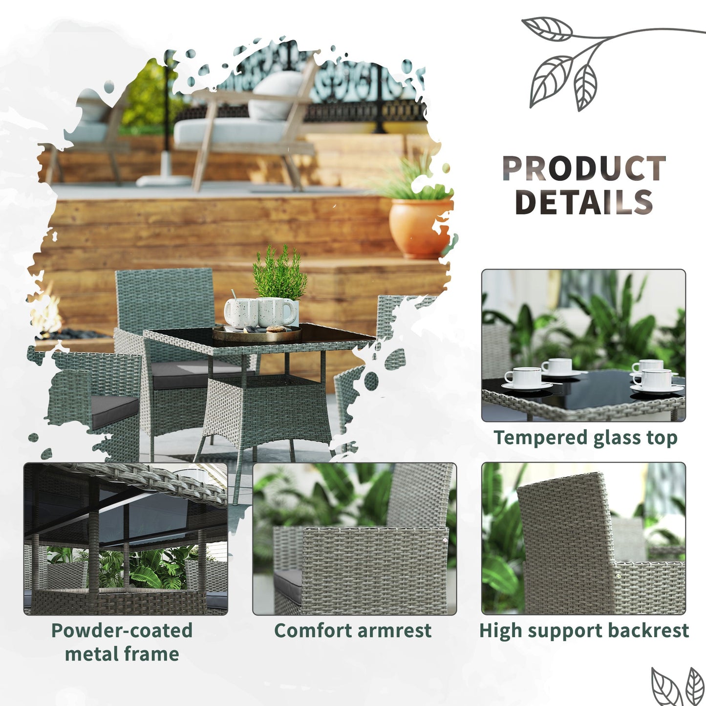 4 Seater Rattan Dining Set with Cushions, 5 Pieces Garden Dining Set with Glass Tabletop, PE Rattan Garden Furniture Set with Dining Table and Armchairs for Patio, Balcony, Light Grey