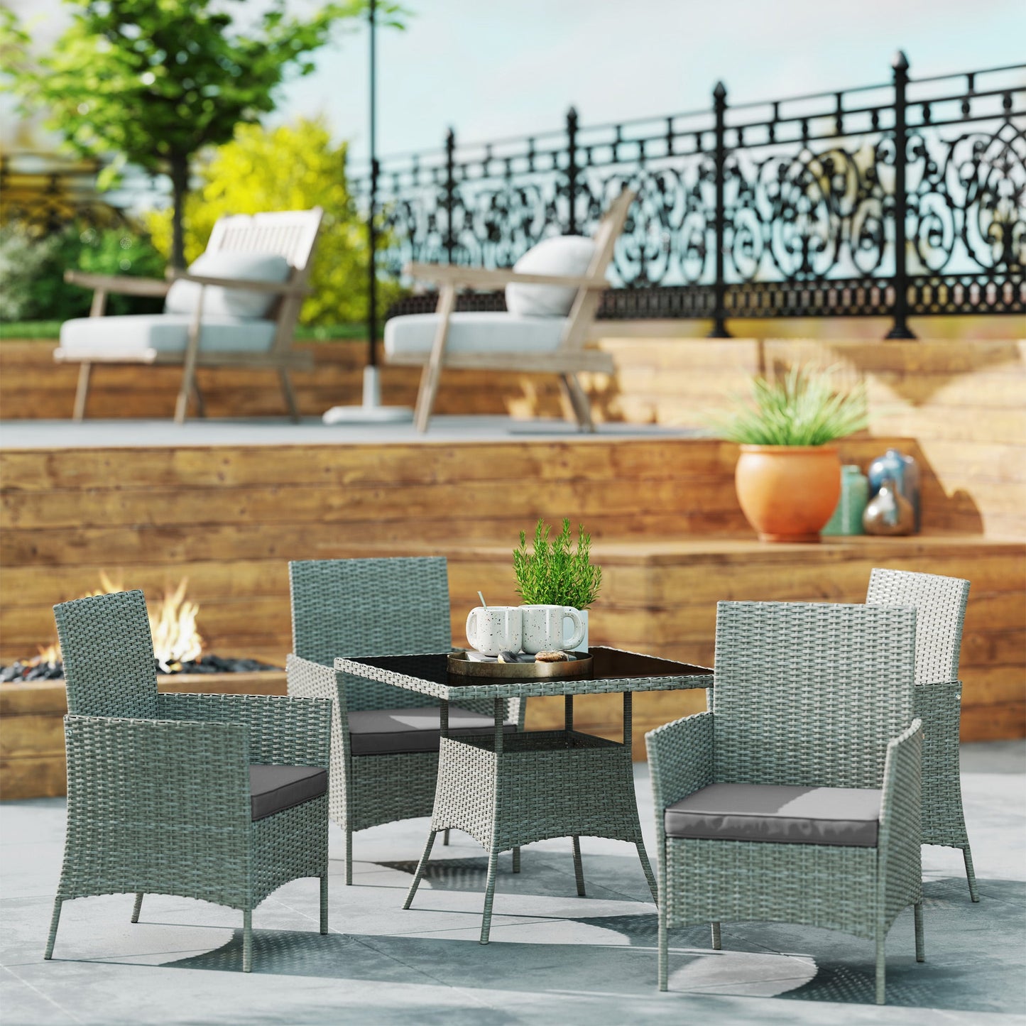 4 Seater Rattan Dining Set with Cushions, 5 Pieces Garden Dining Set with Glass Tabletop, PE Rattan Garden Furniture Set with Dining Table and Armchairs for Patio, Balcony, Light Grey