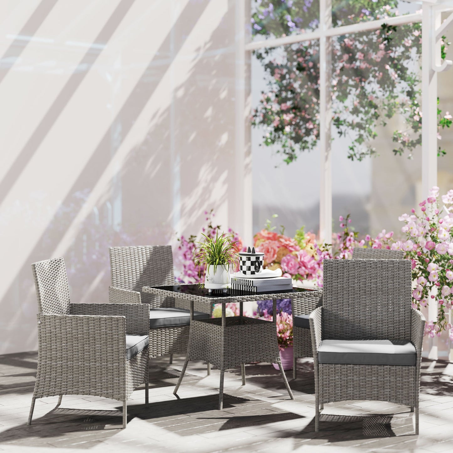 4 Seater Rattan Dining Set with Cushions, 5 Pieces Garden Dining Set with Glass Tabletop, PE Rattan Garden Furniture Set with Dining Table and Armchairs for Patio, Balcony, Light Grey