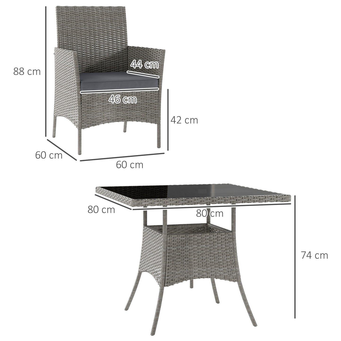 4 Seater Rattan Dining Set with Cushions, 5 Pieces Garden Dining Set with Glass Tabletop, PE Rattan Garden Furniture Set with Dining Table and Armchairs for Patio, Balcony, Light Grey