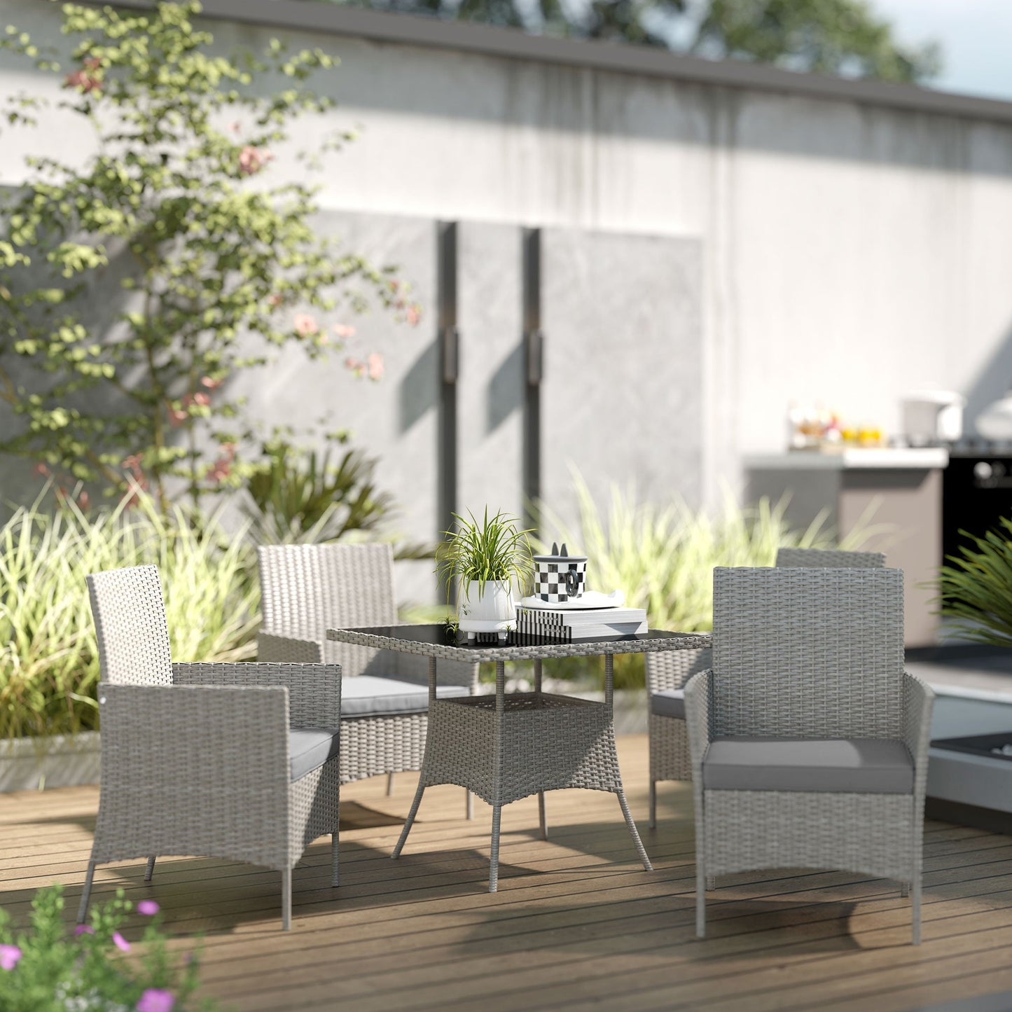 4 Seater Rattan Dining Set with Cushions, 5 Pieces Garden Dining Set with Glass Tabletop, PE Rattan Garden Furniture Set with Dining Table and Armchairs for Patio, Balcony, Light Grey