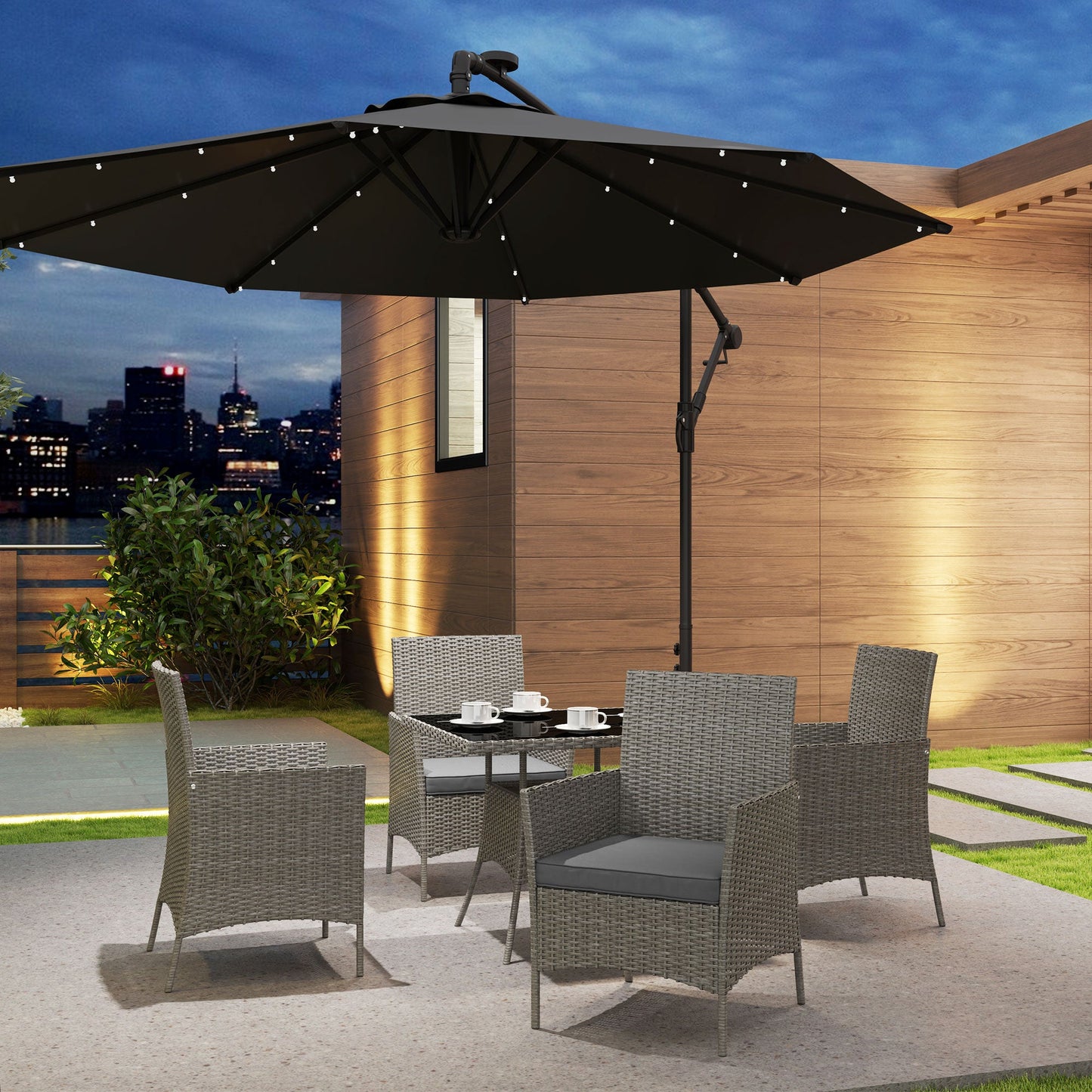 4 Seater Rattan Dining Set with Cushions, 5 Pieces Garden Dining Set with Glass Tabletop, PE Rattan Garden Furniture Set with Dining Table and Armchairs for Patio, Balcony, Light Grey