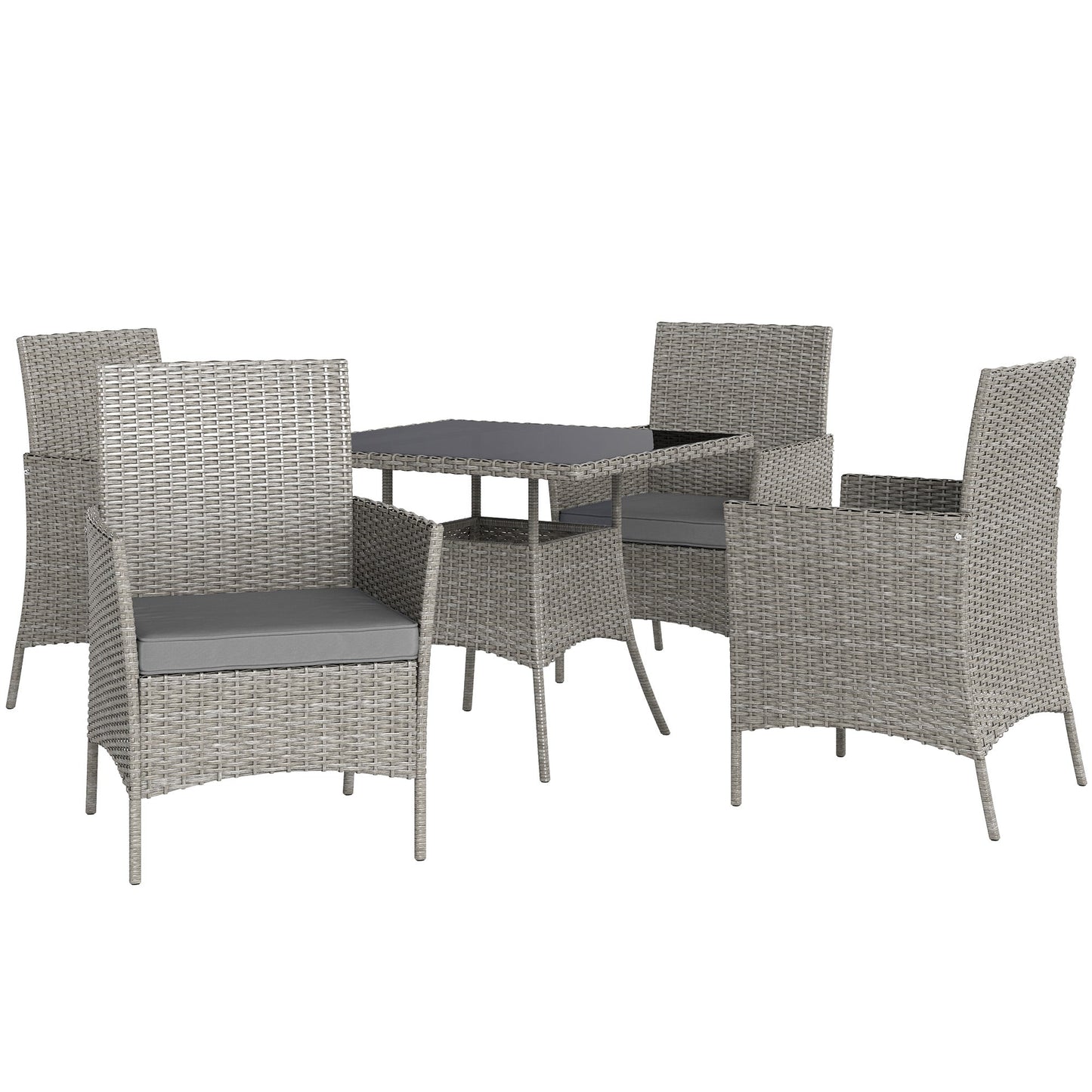 4 Seater Rattan Dining Set with Cushions, 5 Pieces Garden Dining Set with Glass Tabletop, PE Rattan Garden Furniture Set with Dining Table and Armchairs for Patio, Balcony, Light Grey