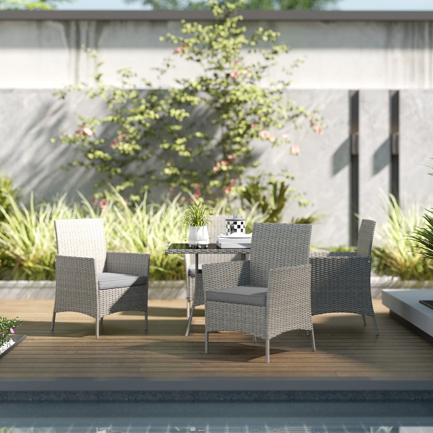 4 Seater Rattan Dining Set with Cushions, 5 Pieces Garden Dining Set with Glass Tabletop, PE Rattan Garden Furniture Set with Dining Table and Armchairs for Patio, Balcony, Light Grey