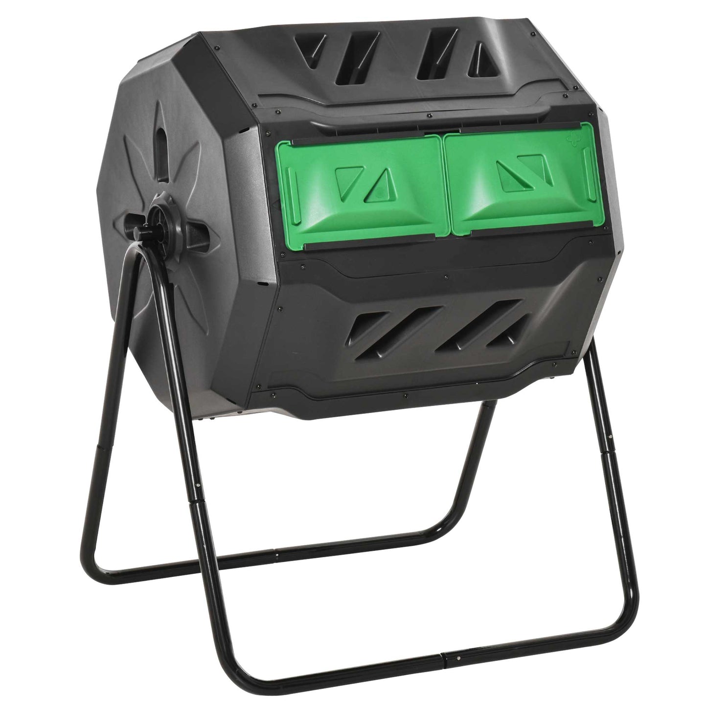 160L Tumbling Compost Bin Outdoor Dual Chamber 360° Rotating Composter, Garden Compost Bin w/ Sliding Doors & Solid Steel Frame, Black
