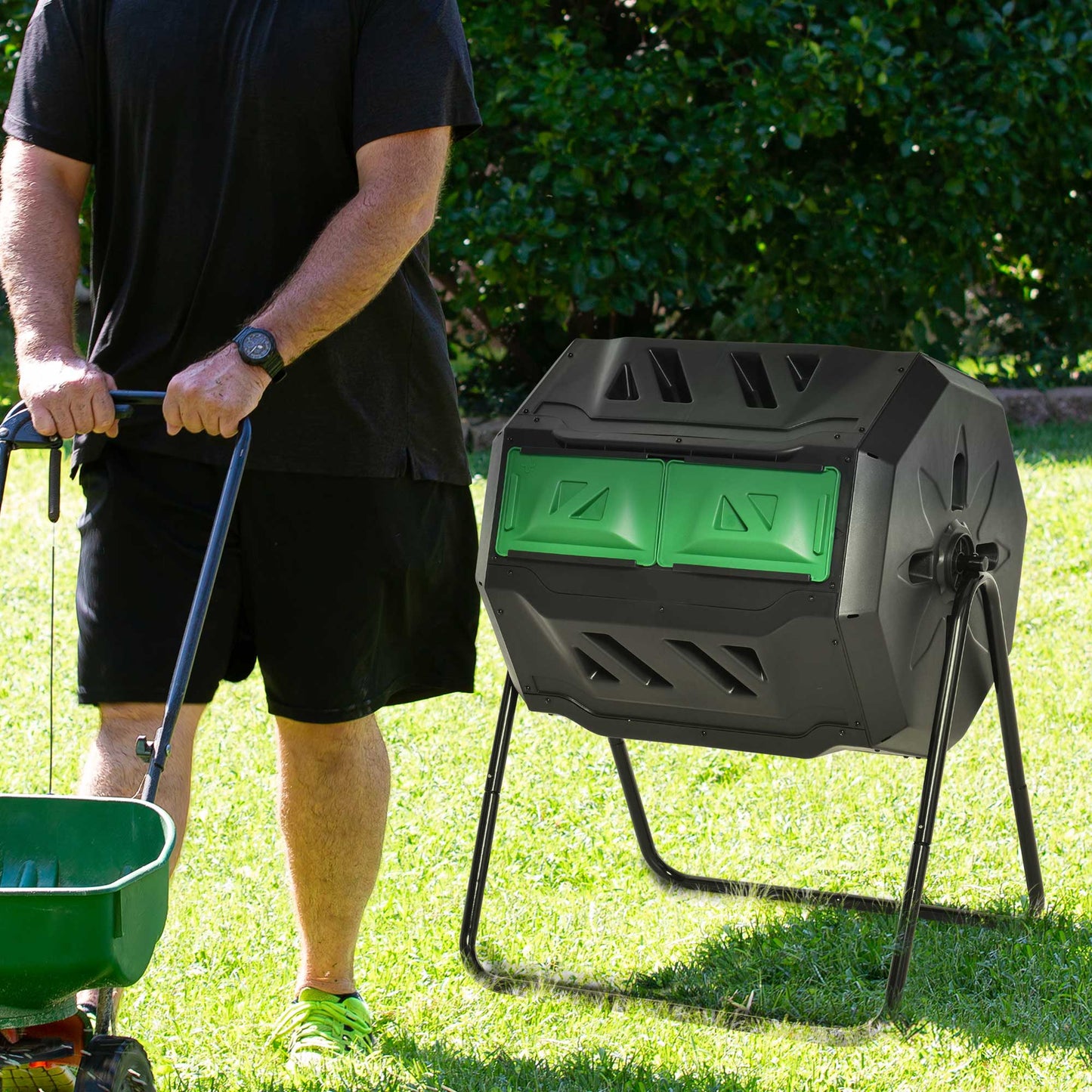 160L Tumbling Compost Bin Outdoor Dual Chamber 360° Rotating Composter, Garden Compost Bin w/ Sliding Doors & Solid Steel Frame, Black
