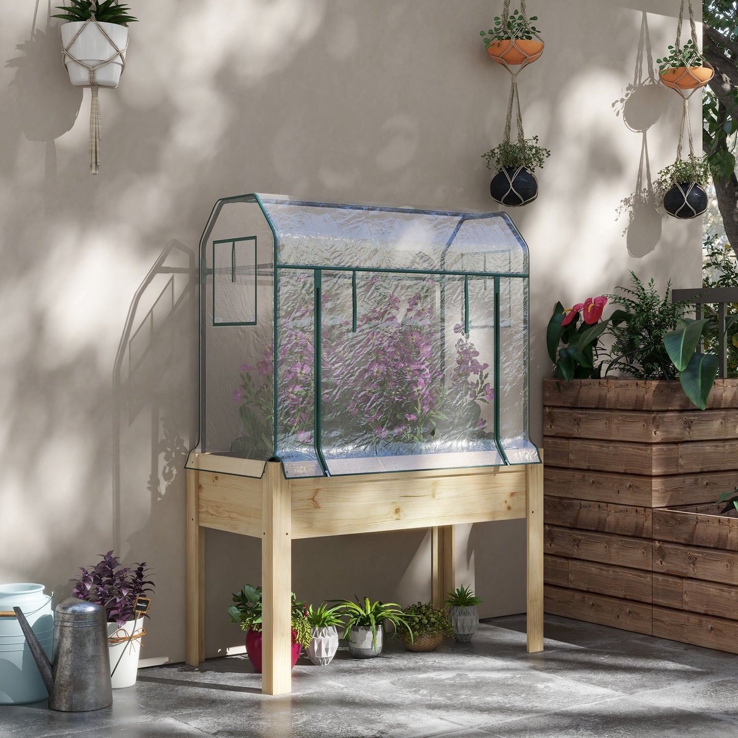 Wooden Raised Planter with Plastic Greenhouse Cover and Bed Liner, Elevated Garden Bed for Vegetables, Flowers, Herbs, 115 x 60 x 165cm, Clear