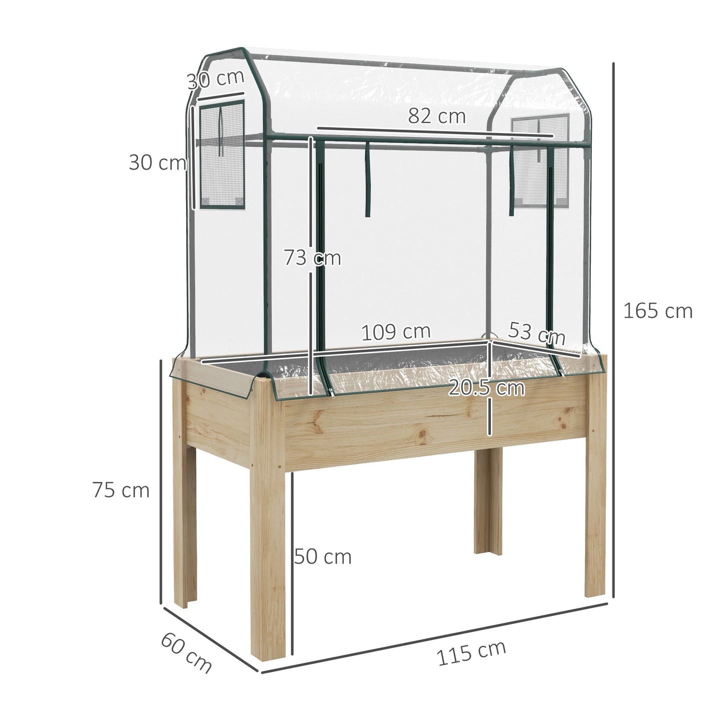 Wooden Raised Planter with Plastic Greenhouse Cover and Bed Liner, Elevated Garden Bed for Vegetables, Flowers, Herbs, 115 x 60 x 165cm, Clear