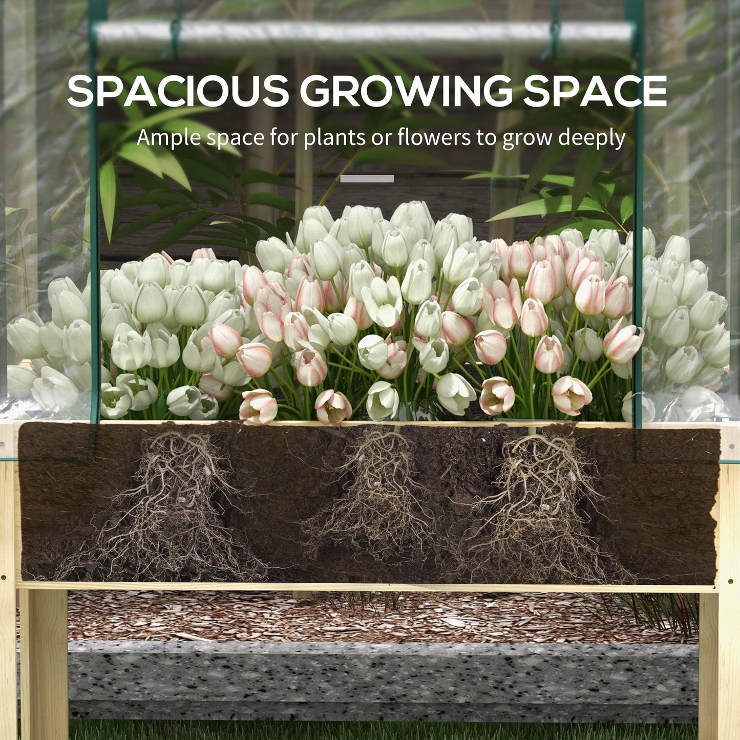 Wooden Raised Planter with Plastic Greenhouse Cover and Bed Liner, Elevated Garden Bed for Vegetables, Flowers, Herbs, 115 x 60 x 165cm, Clear