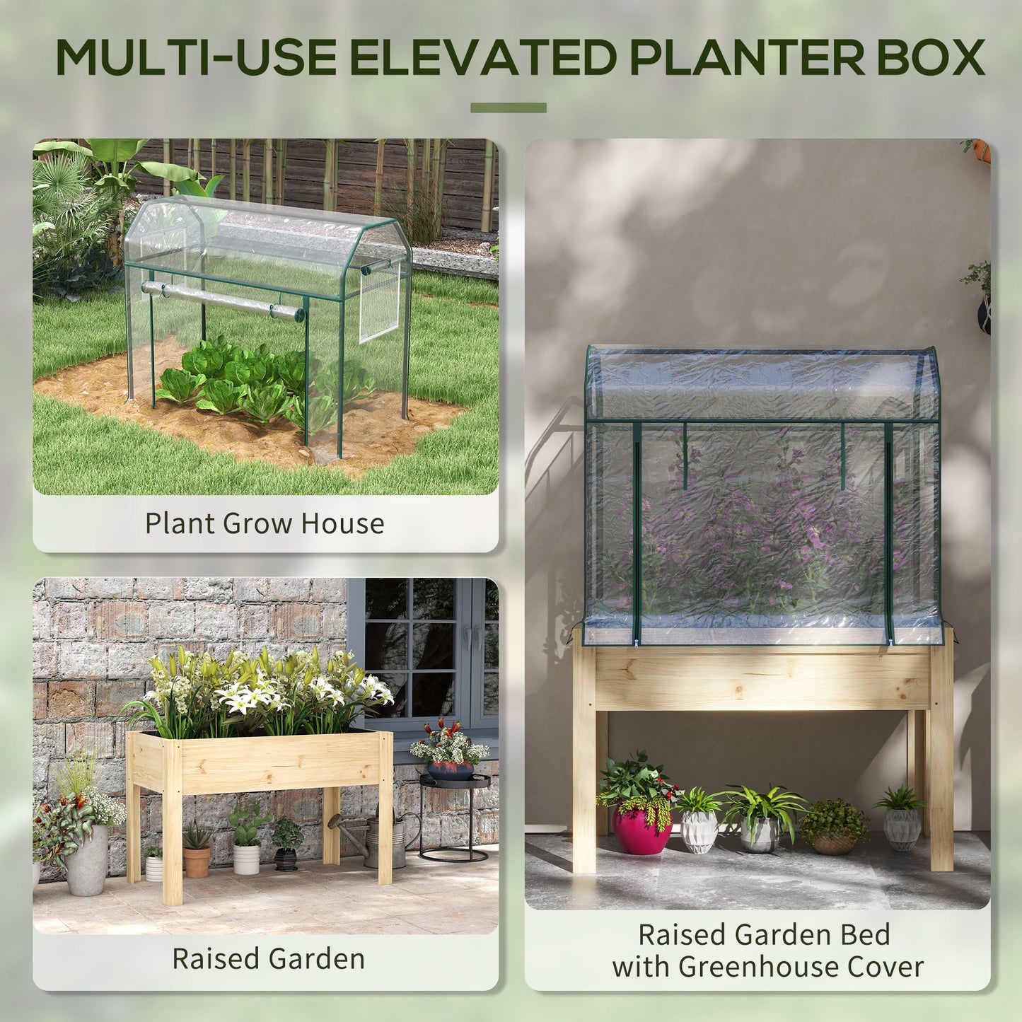 Wooden Raised Planter with Plastic Greenhouse Cover and Bed Liner, Elevated Garden Bed for Vegetables, Flowers, Herbs, 115 x 60 x 165cm, Clear