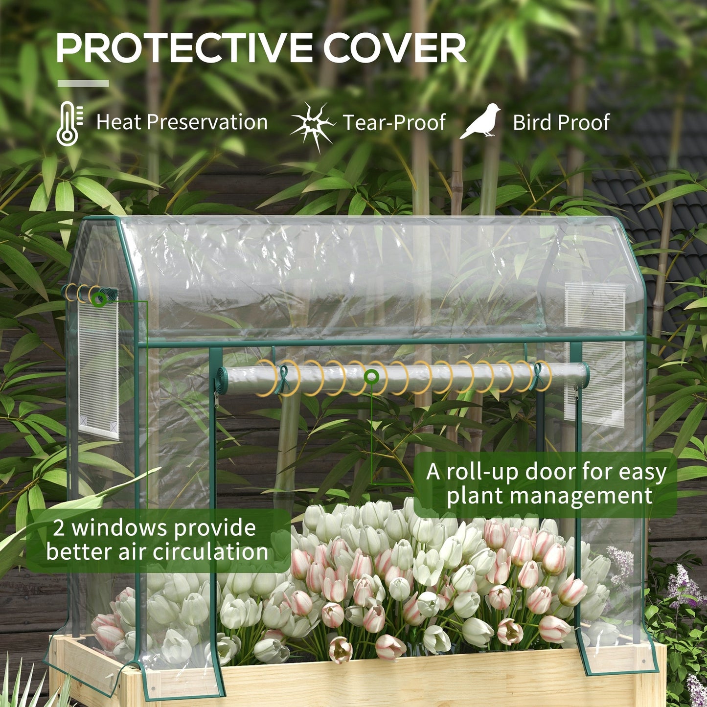 Wooden Raised Planter with Plastic Greenhouse Cover and Bed Liner, Elevated Garden Bed for Vegetables, Flowers, Herbs, 115 x 60 x 165cm, Clear