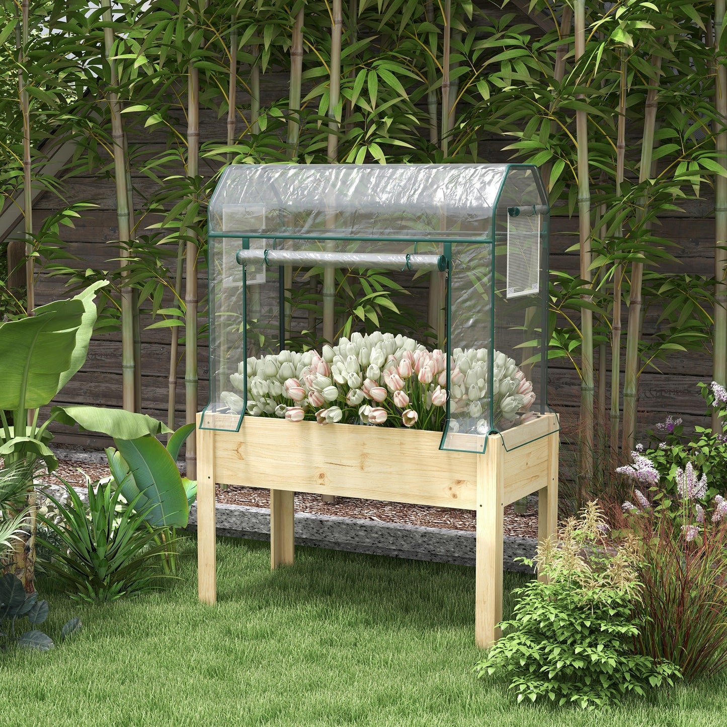 Wooden Raised Planter with Plastic Greenhouse Cover and Bed Liner, Elevated Garden Bed for Vegetables, Flowers, Herbs, 115 x 60 x 165cm, Clear