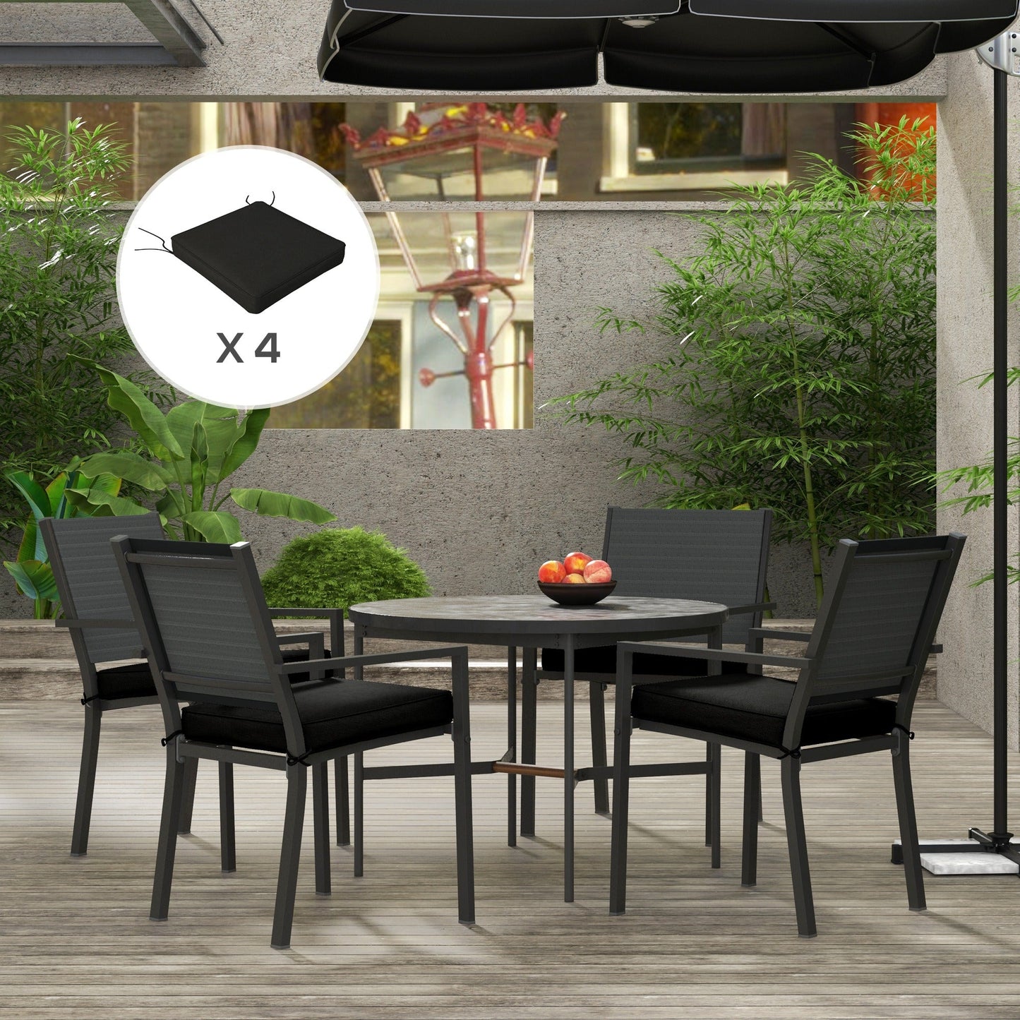 Set of 4 Outdoor Seat Cushions with Ties, Water Repellent Seat Pads for Garden Patio Kitchen Office Chairs, Black