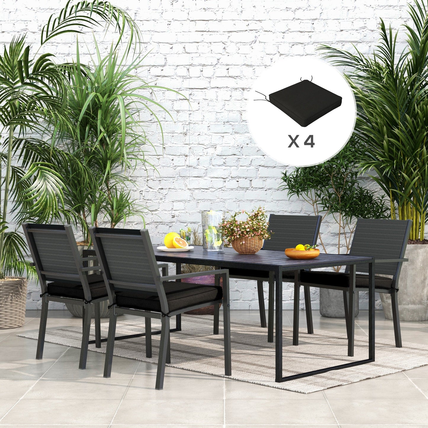 Set of 4 Outdoor Seat Cushions with Ties, Water Repellent Seat Pads for Garden Patio Kitchen Office Chairs, Black