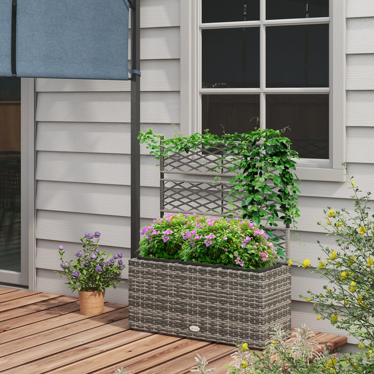 33L Garden PE Rattan Planter with Trellis, Free Standing Flower Raised Bed for Garden, Garden Planter for Climbing Plants, 84cm x 30cm x 107cm, Light Grey