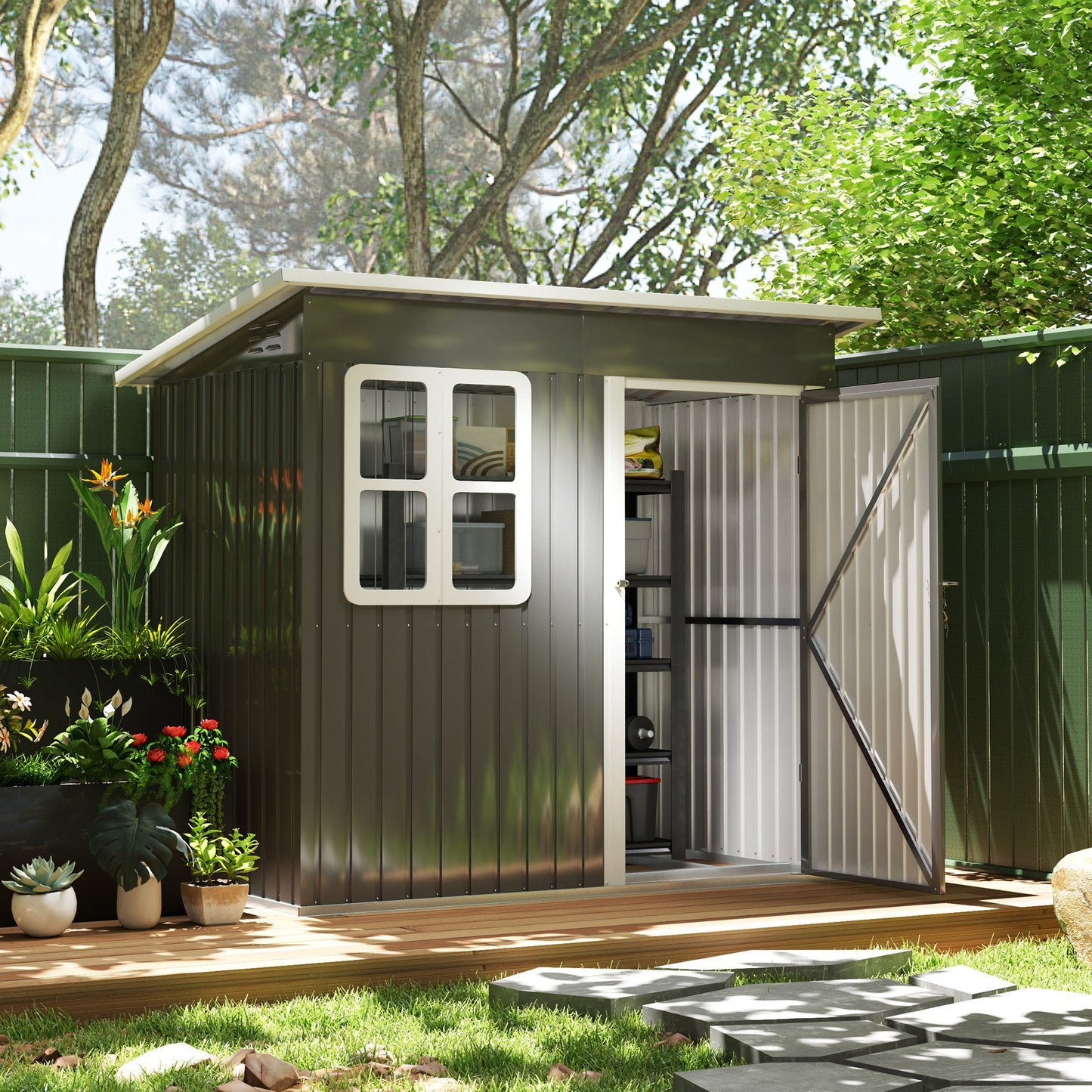 7 x 4ft Storage Shed Galvanised Steel Garden Shed, Metal Shed with Foundation Kit, Window, Lockable Wide Door and Air Vents for Outdoor Patio, Dark Grey