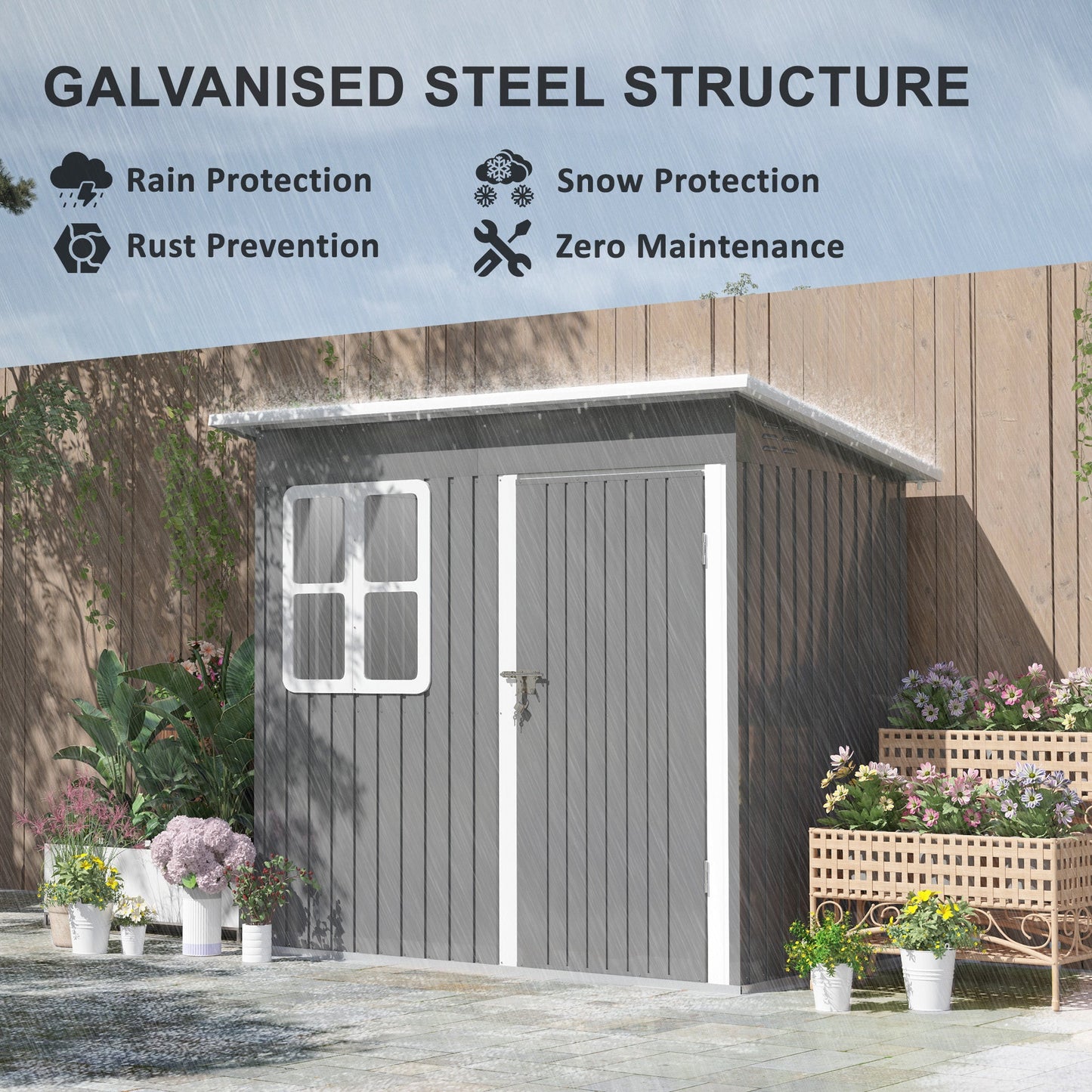 7 x 4ft Storage Shed Galvanised Steel Garden Shed, Metal Shed with Foundation Kit, Window, Lockable Wide Door and Air Vents for Outdoor Patio, Dark Grey